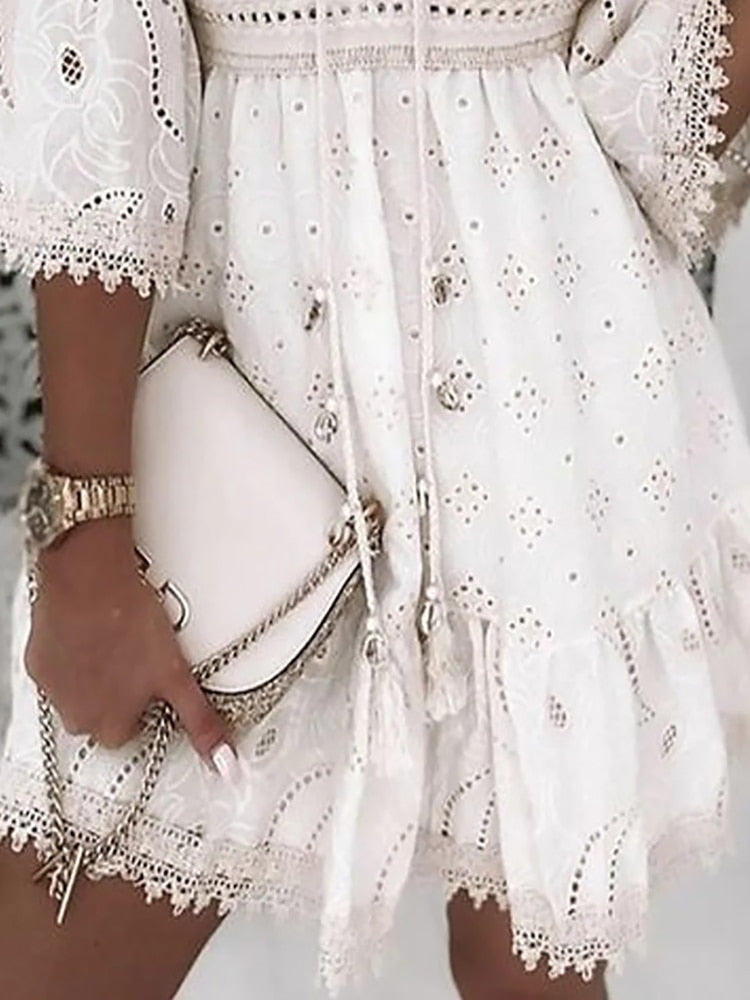 Boho Kleid Spitzen Sommerkleid Frauen Kurzärmelig