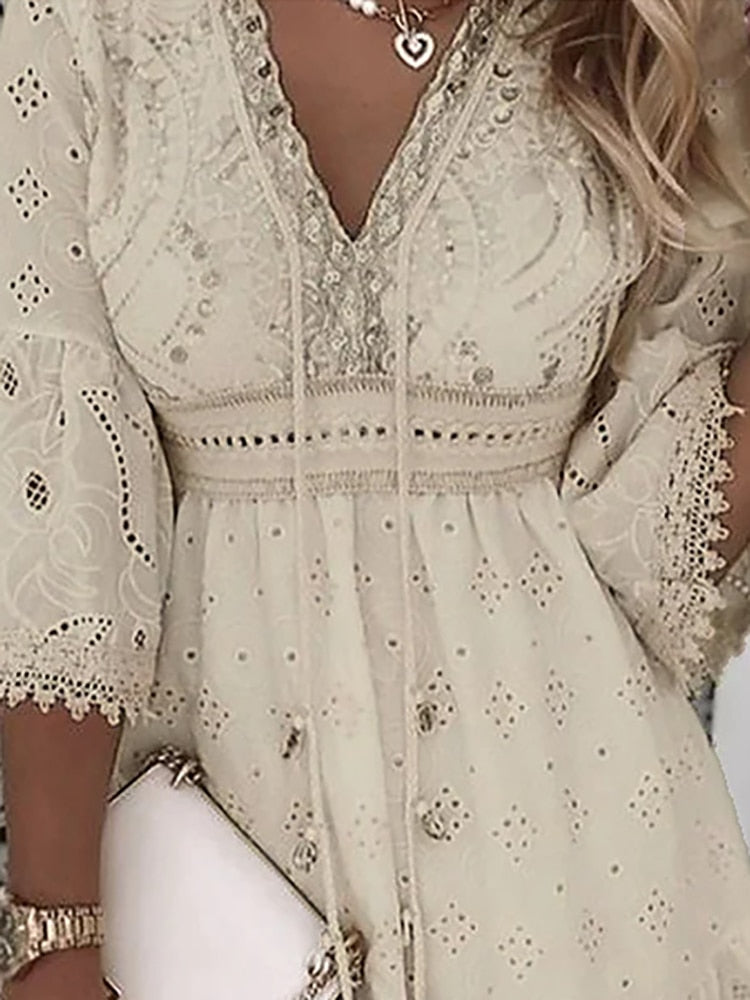 Boho Kleid Spitzen Sommerkleid Frauen Kurzärmelig