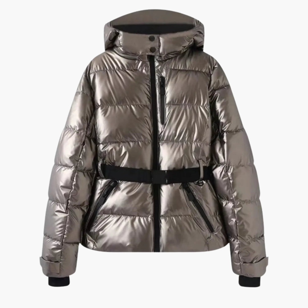 Modische Damen Skijacke mit Gürtel und Kapuze 0