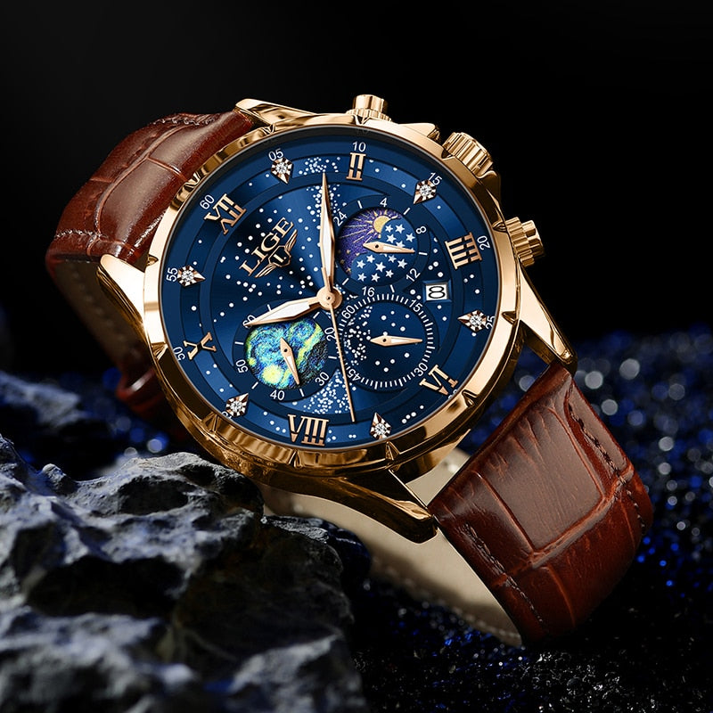 Herren Armbanduhr Mondphasen Edelstahl Elegant