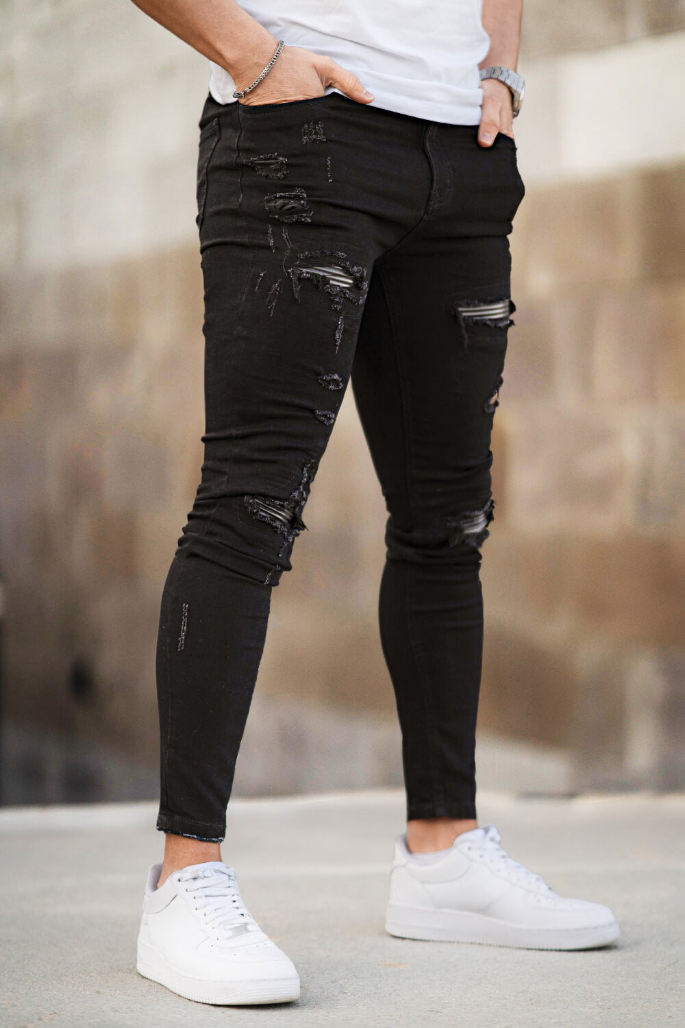 Rippen Jeans Herren Schwarz Skinny Destroyed