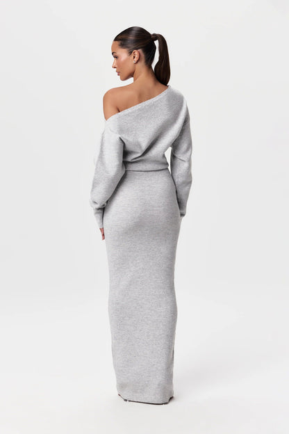 Off-Shoulder Maxikleid Strickkleid Damen Figurbetonter Stil
