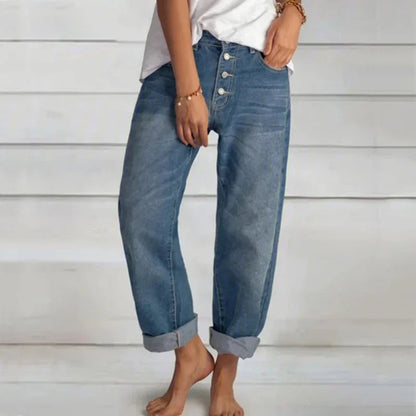 Damen Jeans Frühling Bequem Knopfleiste Relaxed Fit