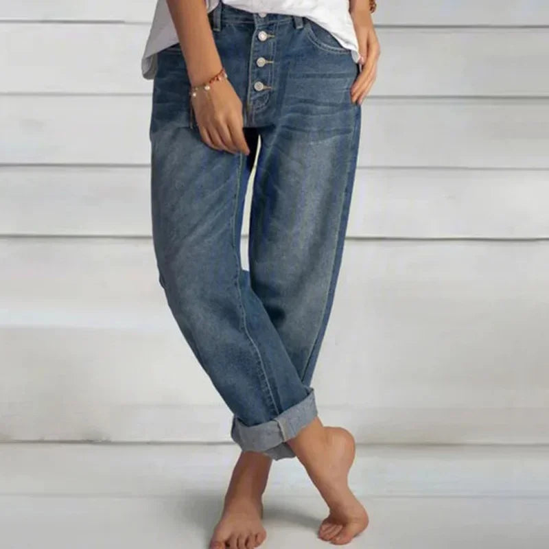 Damen Jeans Frühling Bequem Knopfleiste Relaxed Fit - BerlinGlamour