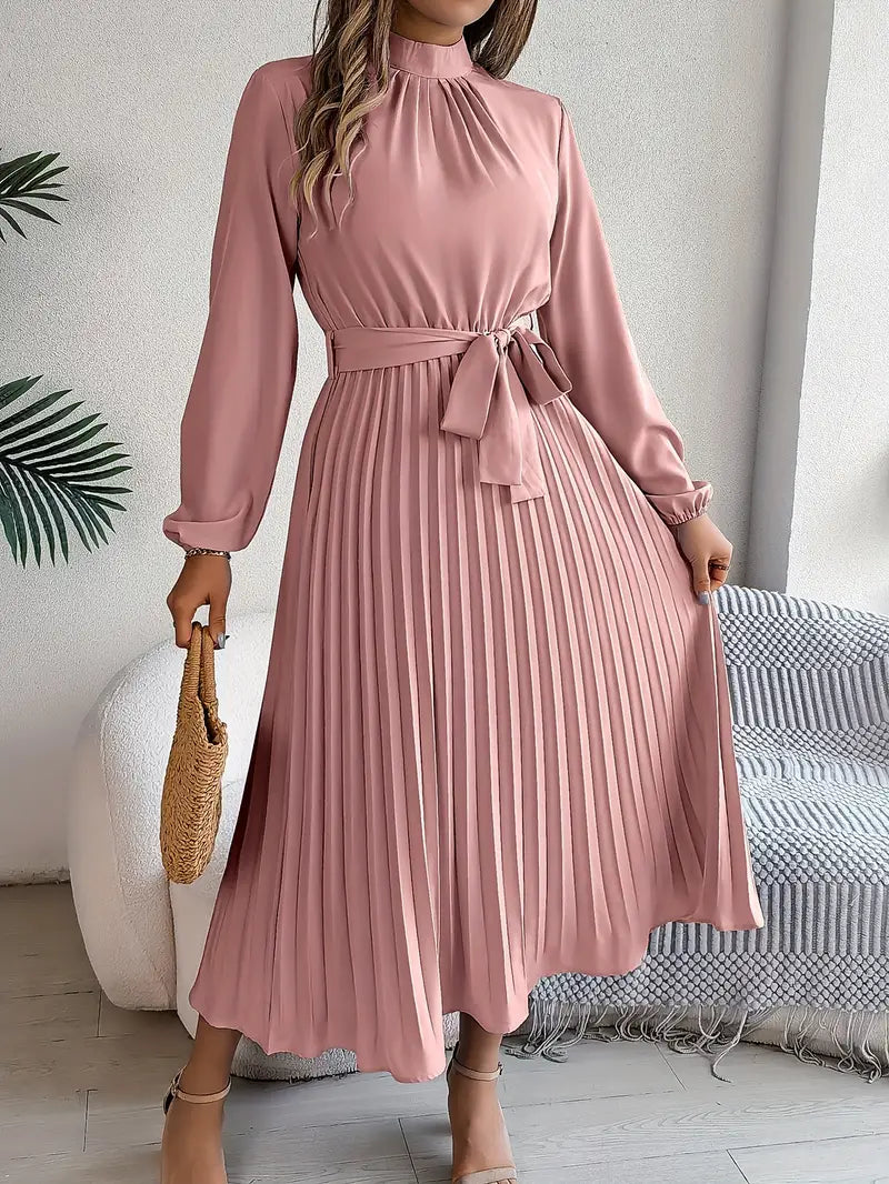 Einfarbiges Norina-Kleid mit Stehkragen und Faltengürtel