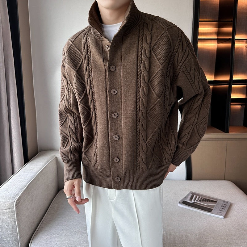 Modische Herren Strickjacke Zopfmuster Kragen Modern