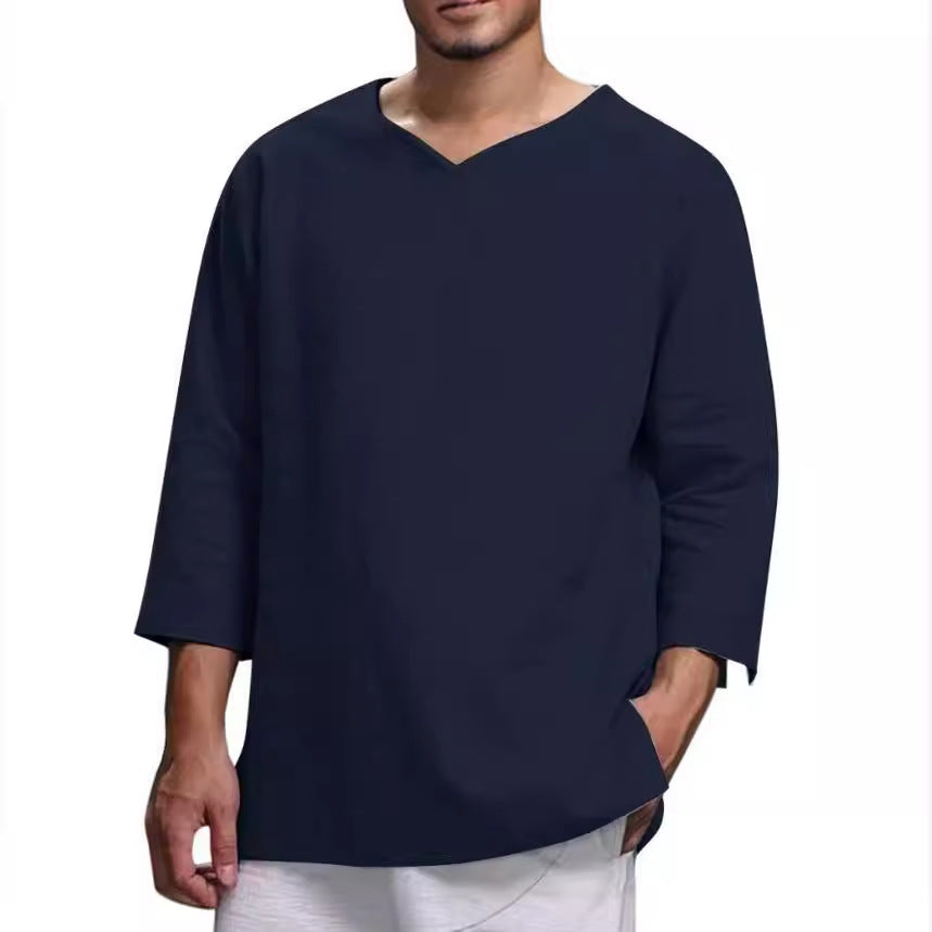 Herren Leinenhemd V-Ausschnitt 3/4 Ärmel mit Taschen