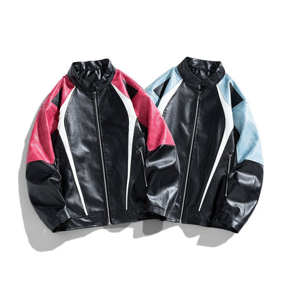 Herren Lederjacke Urban Style Schwarz Mit Farbblock