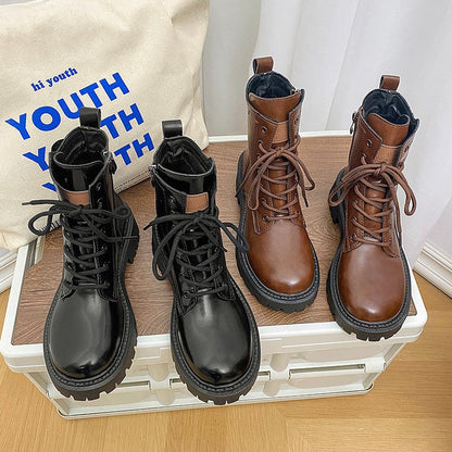 Damen Stiefeletten Robust Leder Lack Heel Mode