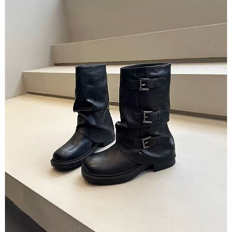 Damen Stiefel Steppschuhe Schnalle Flexibel Schwarz