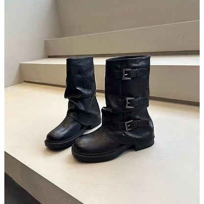 Damen Stiefel Steppschuhe Schnalle Flexibel Schwarz