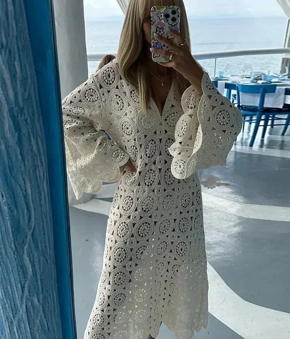 Damen Häkelkleid Luftig mit Weiten Ärmeln Sommerkleid