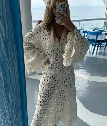 Damen Häkelkleid Luftig mit Weiten Ärmeln Sommerkleid