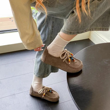 Damen Mokassins Weich Wildleder Perlen Schuhe Modern