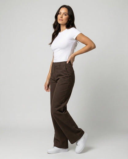 Damen Cordhose Braun Weite Bein Hochgeschnitten Winterhose Warm - BerlinGlamour