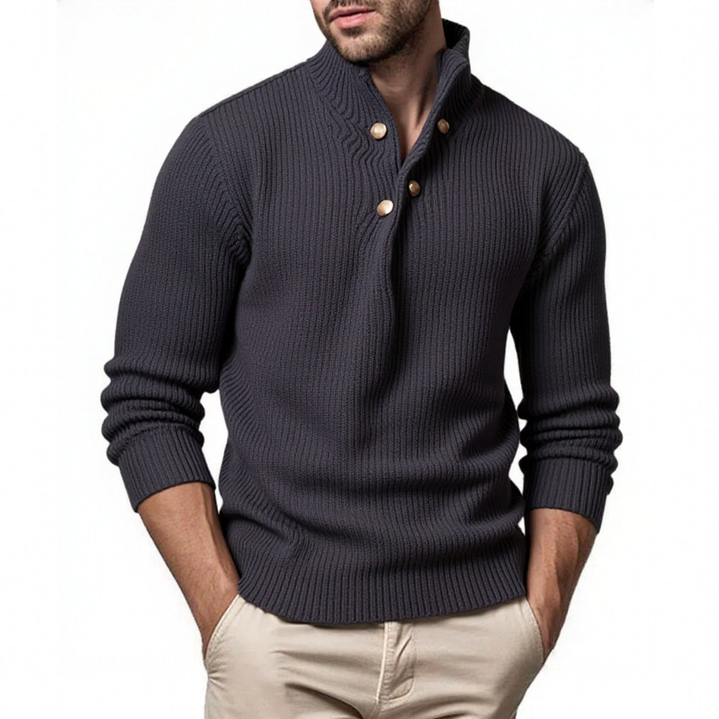Modischer Herren Strickpullover Stehkragen Asymmetrisch