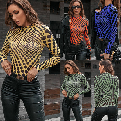 Damen Langarmshirt Figurbetont mit Punktemuster Trendy - BerlinGlamour