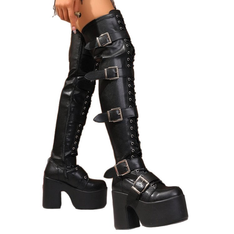 Damen Overknee Stiefel Plateau Schnalle Hochhackig Modern