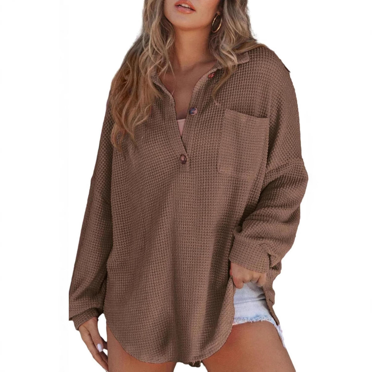 Damen Oversized Hemd aus Baumwoll mit Brusttasche und Knöpfen