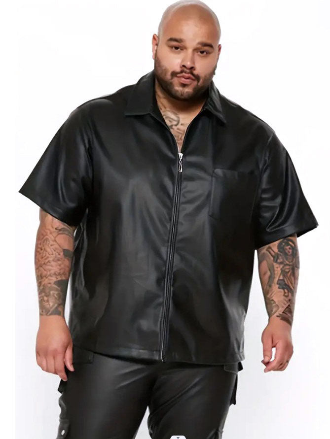 Herren Lederjacke Kurzarm mit Reißverschlusstaschen Schwarz