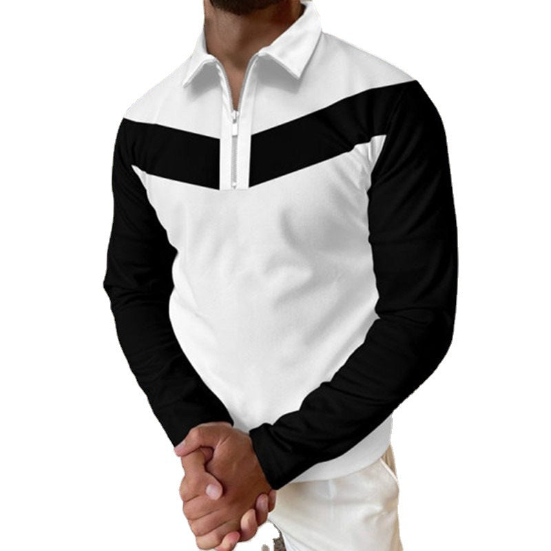 Herren Langarm Poloshirt Modern mit Reißverschluss Kontrast Farben