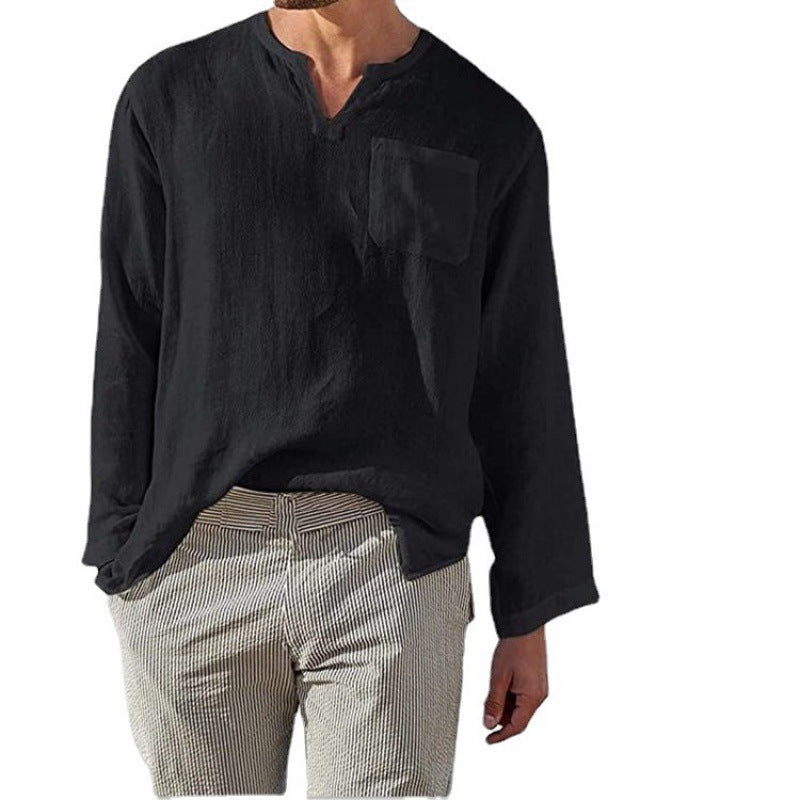 Herren Leinenhemd Langarm V-Ausschnitt Elegant