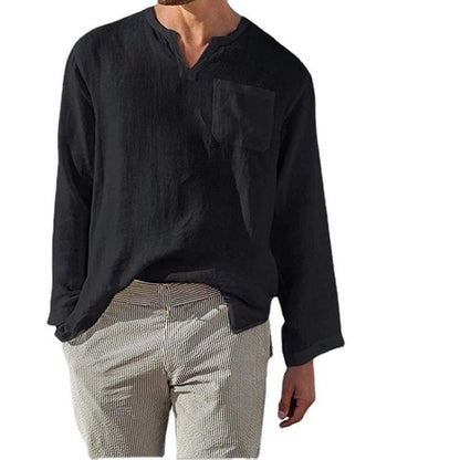 Herren Leinenhemd Langarm V-Ausschnitt Elegant