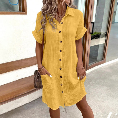 Kleid Damen Hemd mit Knöpfen und Taschen Elegant