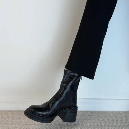 Damen Stiefeletten Leder Blockabsatz Schuhe Frauen Trend