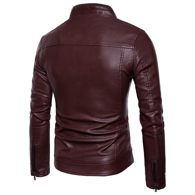 Herren Lederjacke Elegant Stehkragen Motorradjacke Schwarz