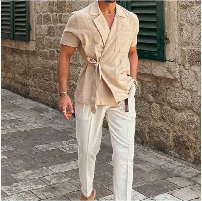 Herren Leinenhemd Wickel Optik Elegant Sommer