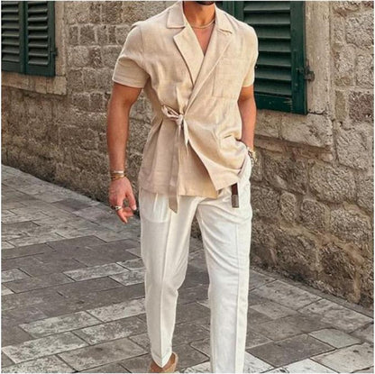 Herren Leinenhemd Wickel Optik Elegant Sommer