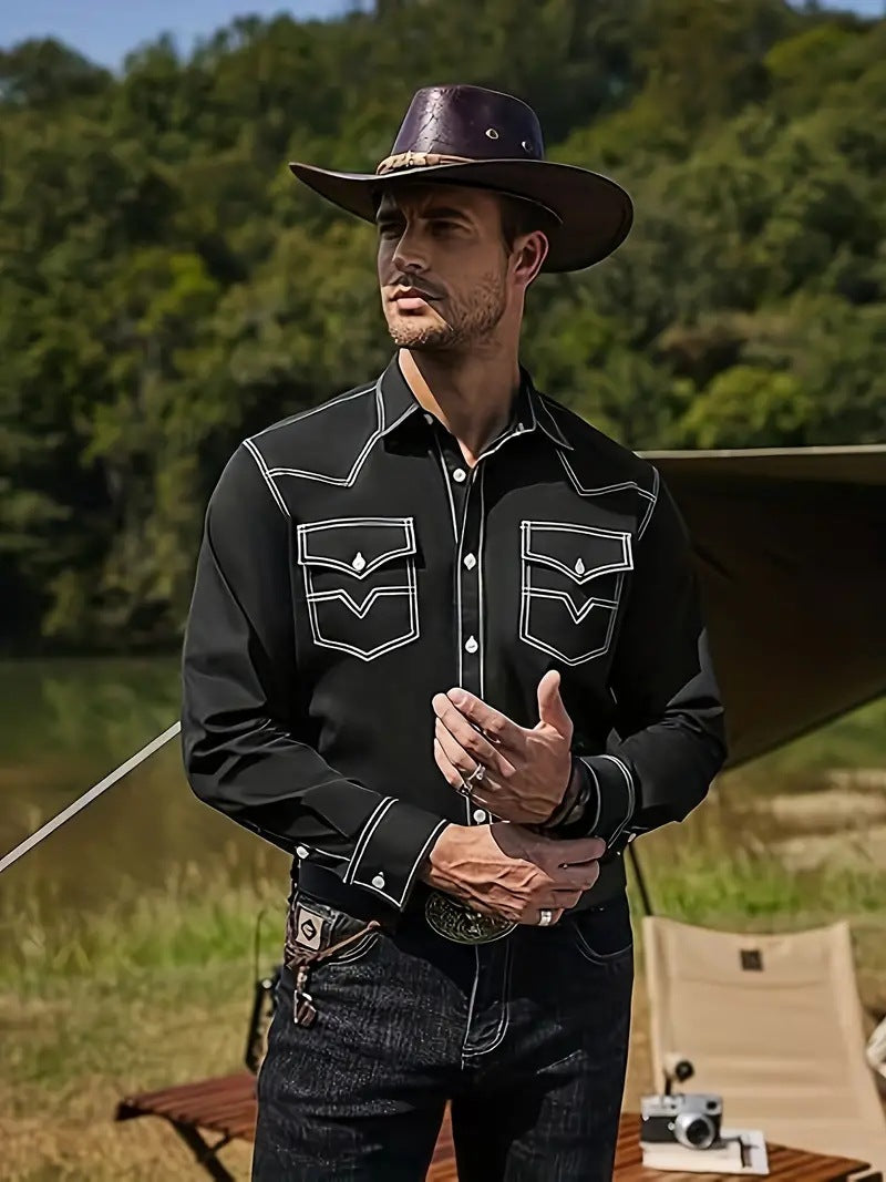 Herren Westernhemd Modern mit Kontrastnähten und Brusttasche