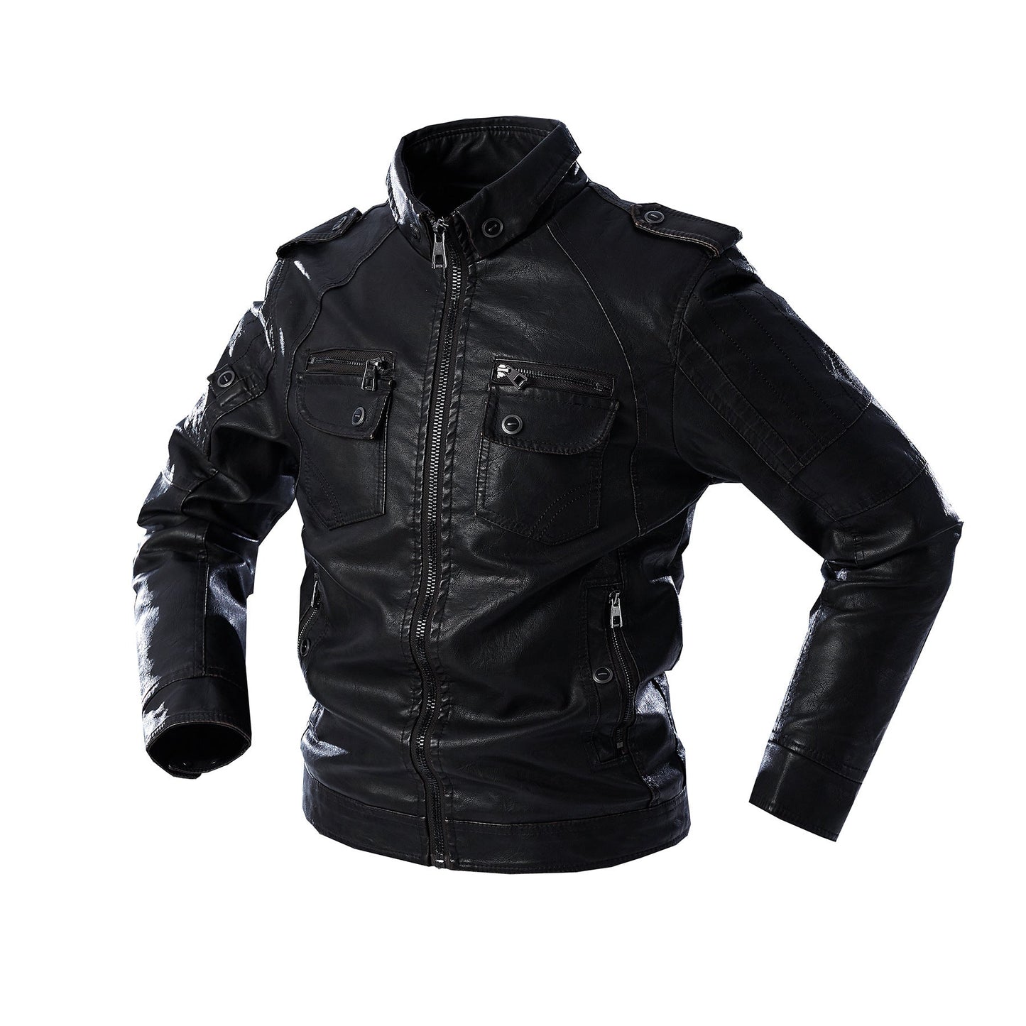 Lederjacke Herren Lässig mit vielen Taschen Schwarz