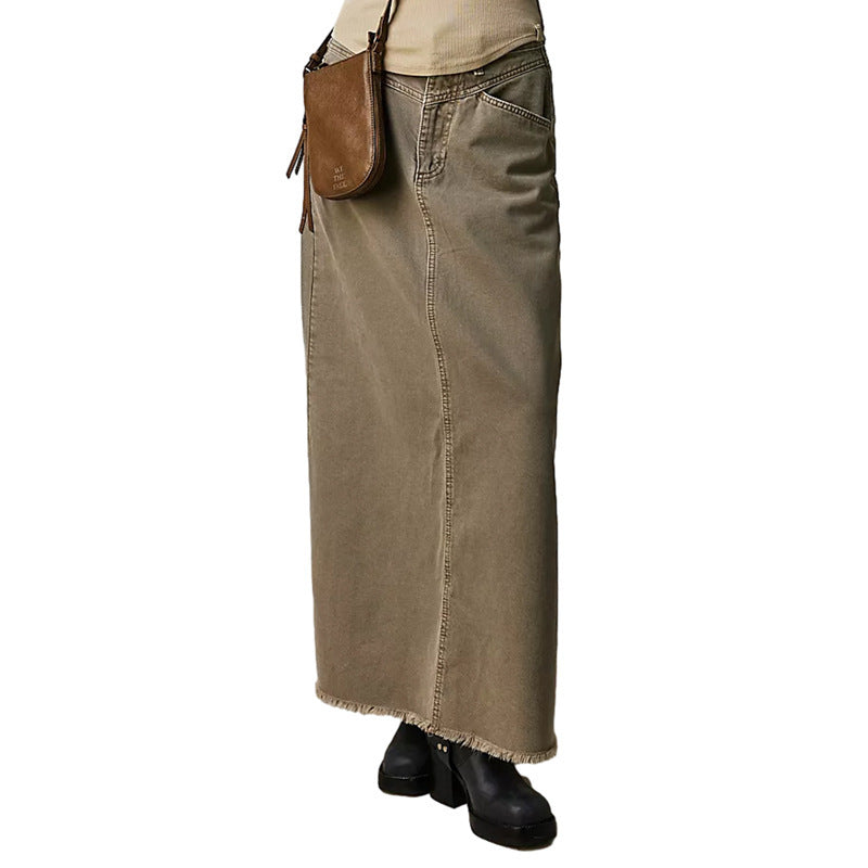 Damen Denim-Rock Hochtailliert mit Taschen Lang