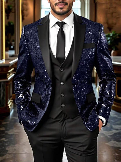 Herren Blazer Pailletten Elegant Modern Schwarzer Anzug