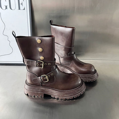 Damen Biker-Stiefel Robust Schnallen Schwarz Modisch