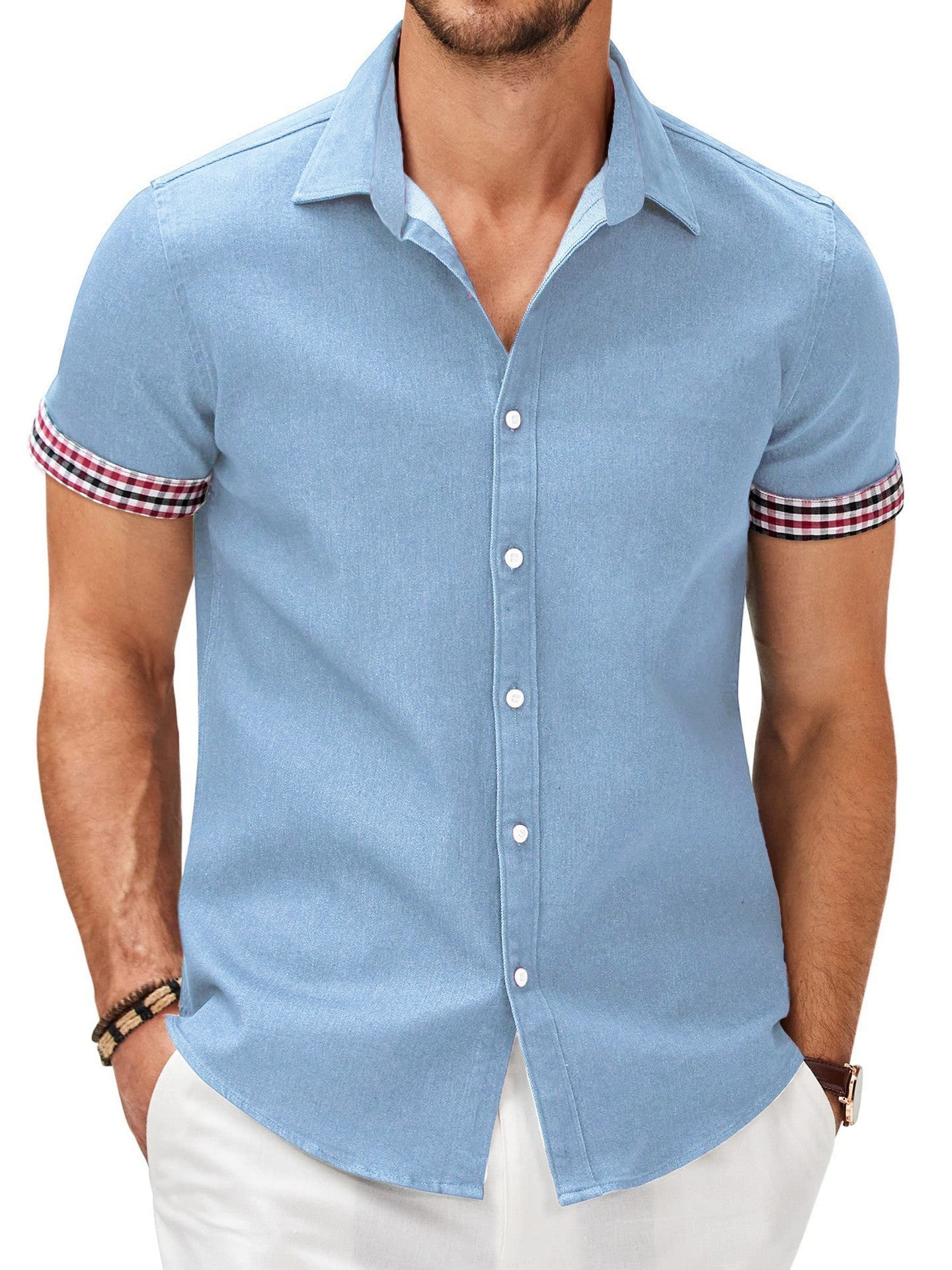 Herren Kurzarmhemd mit modernem Denim-Look und stylischem Karo-Muster BerlinGlamour, der das Leben erleichtert.
