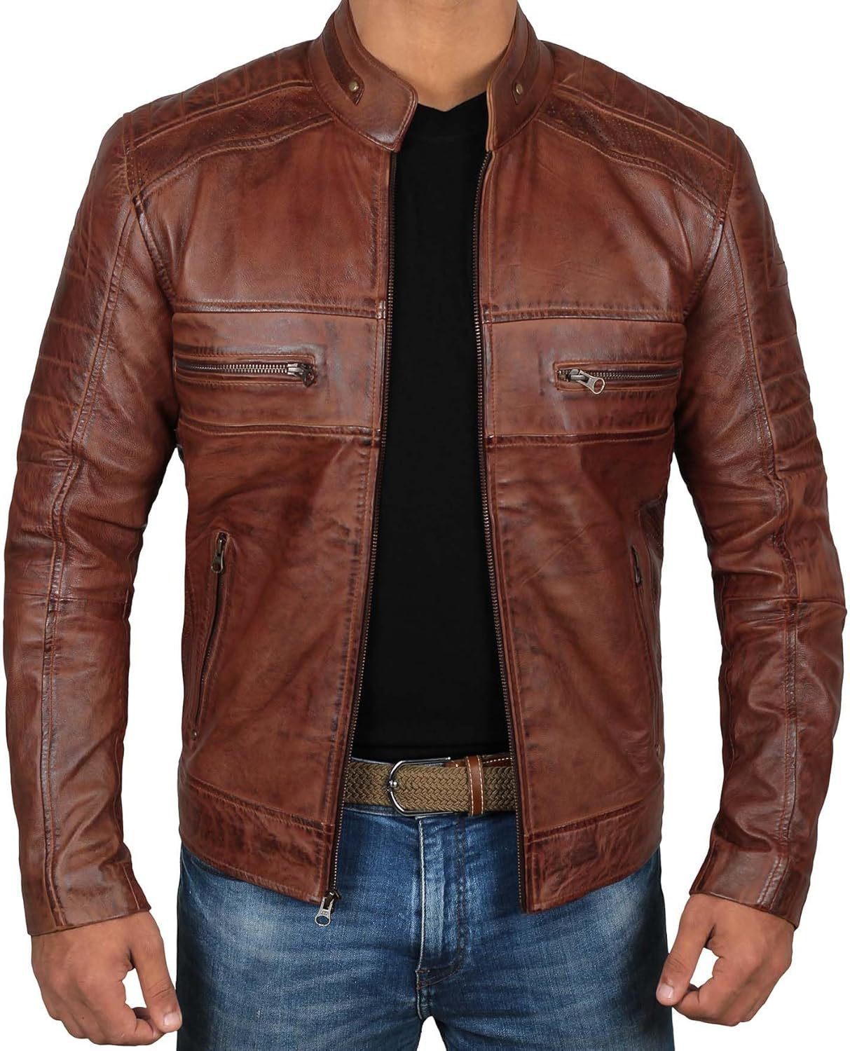 Lederjacke Herren Biker Stil Reißverschluss Taschen