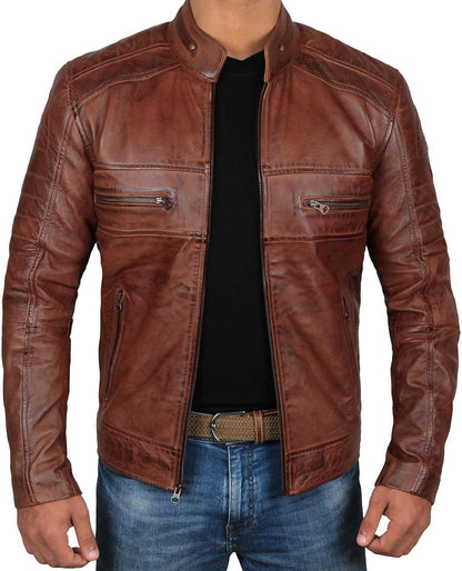 Lederjacke Herren Biker Stil Reißverschluss Taschen