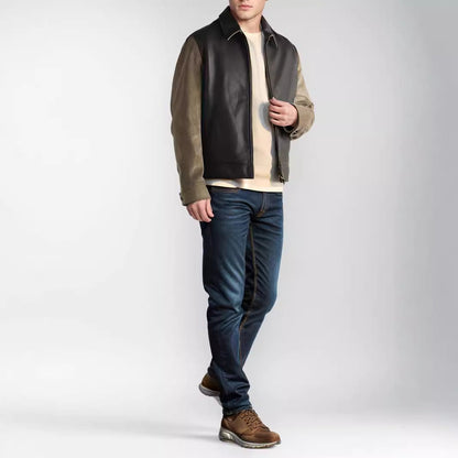Herren Lederjacke Leder Schwarz mit Cord Ärmeln