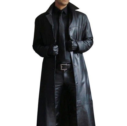 Herren Kunstledermantel Elegant Doppelter Knopfverschluss Schwarzer Ledermantel