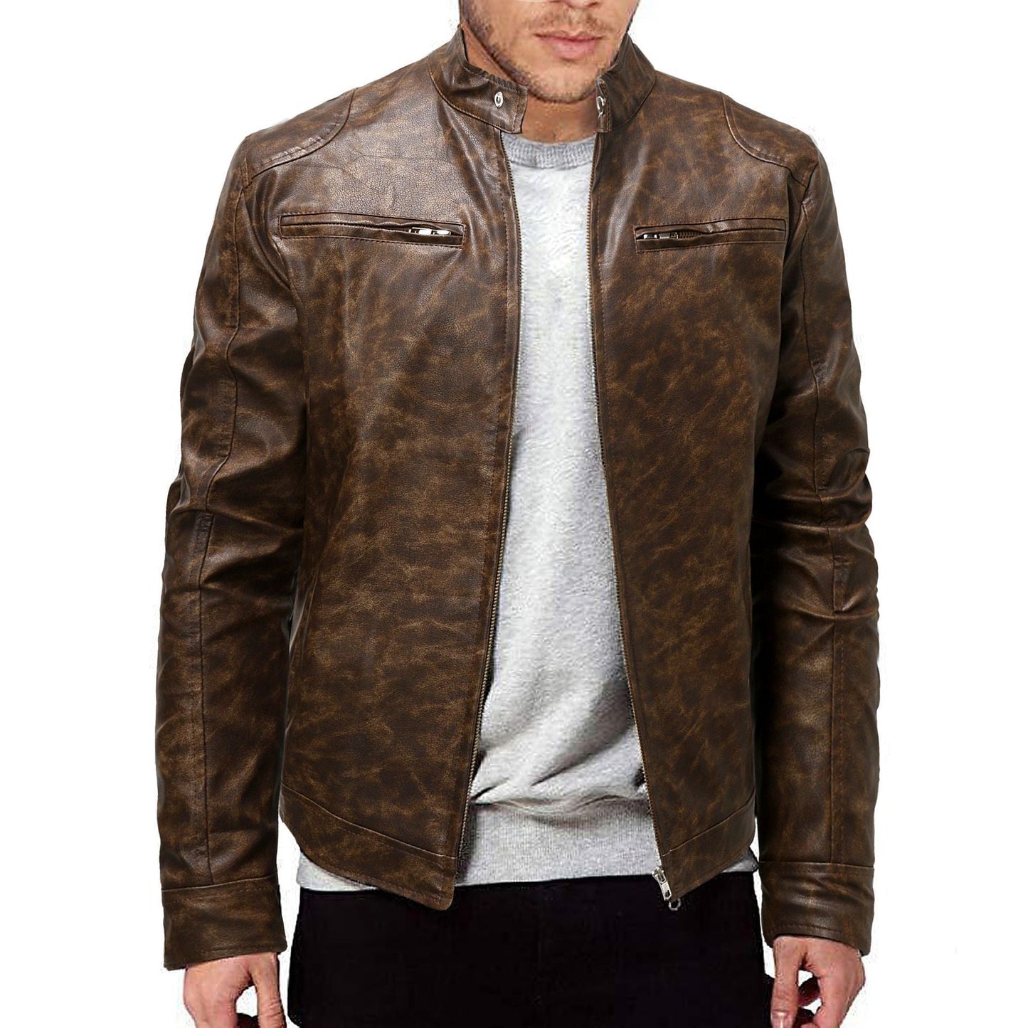 Lederjacke Herren Stehkragen Schwarz Ledermantel