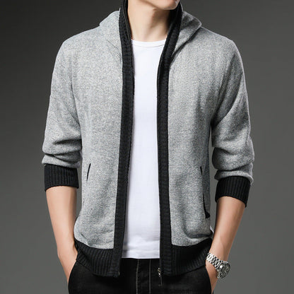 Herren Strickjacke Modern mit Kapuze Schwarz Weiß