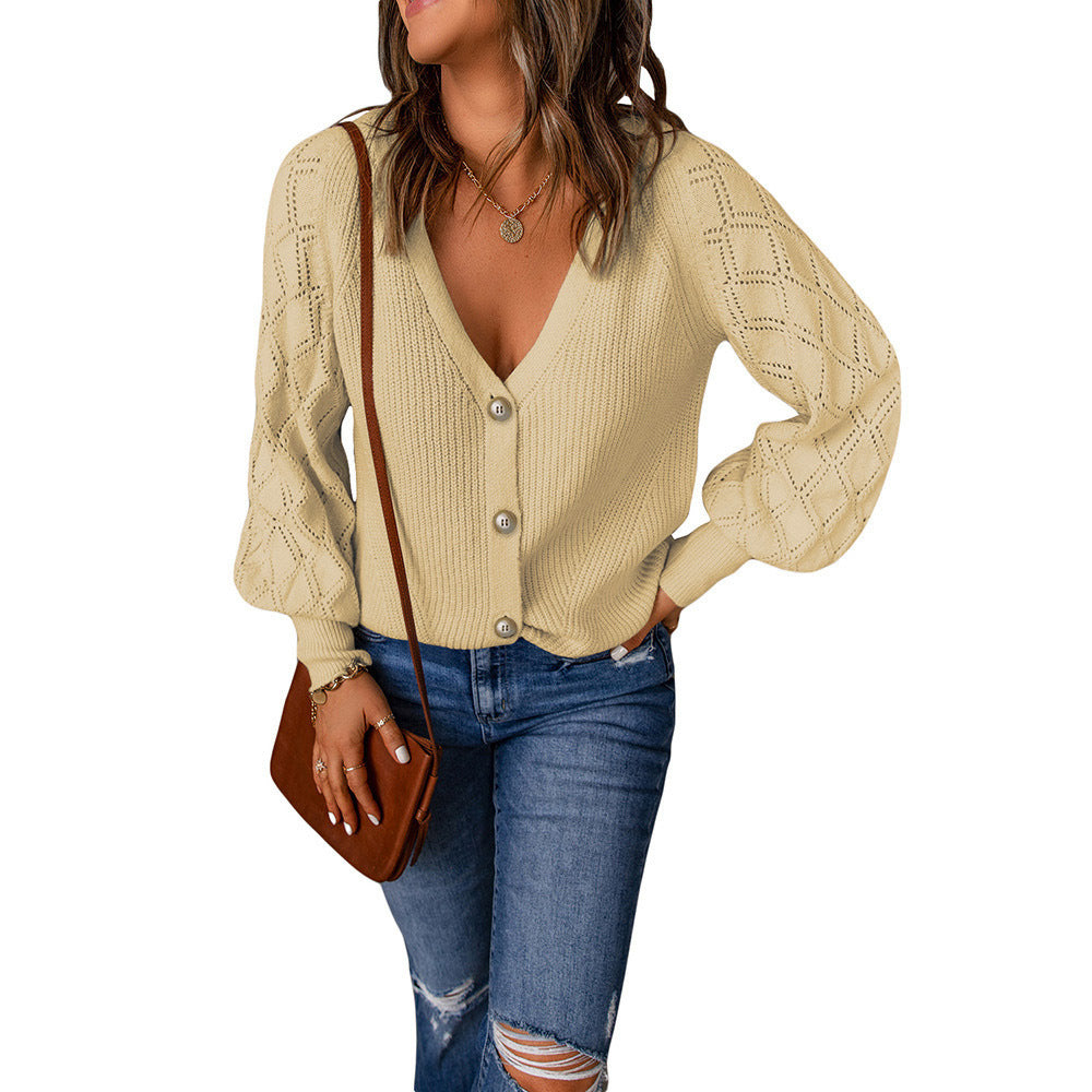 Frauen Strickjacke V-Ausschnitt Puffärmel Modern