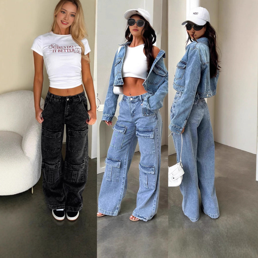 Damen Jeans Cargo Weite Bein mit Taschen Lässig - BerlinGlamour
