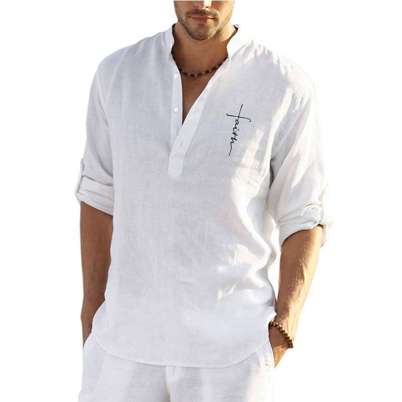 Herren Leinenbluse Kurz Stehkragen Sommer Modern