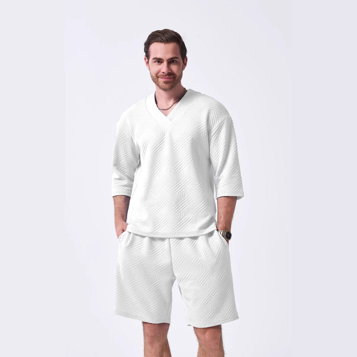 Herren Freizeit Set Lässiger V-Ausschnitt Pullover Shorts