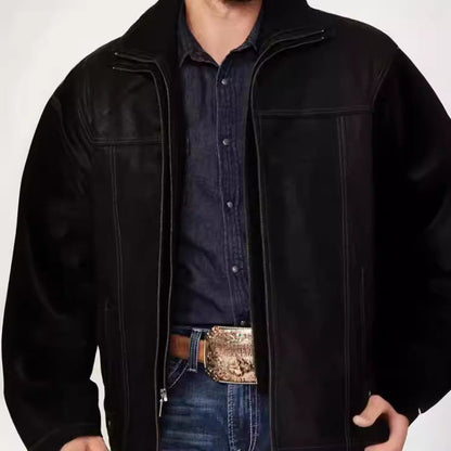 Elegante Lederjacke Herren Lederjacke Hochkragen Schwarz
