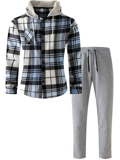 Herren Flanell-Hemd Set mit Jogginghose Kapuze Bequem